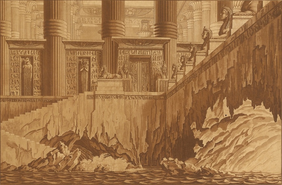 Bühnenbild zur Zauberflöte, 2. Akt, Szene 28, von Karl Friedrich Schinkel, 1816, gedruckt 1847