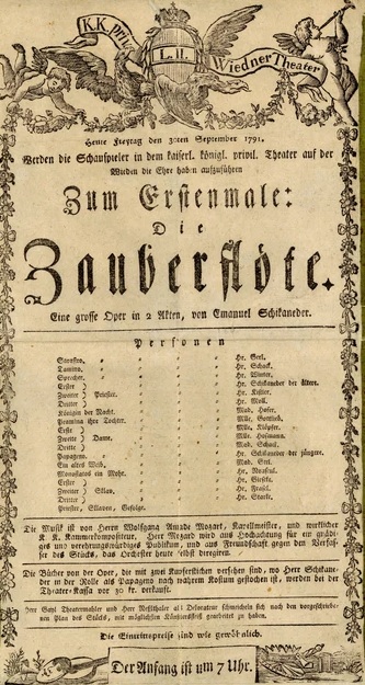 Theaterzettel zur Uraufführung der Zauberflöte in Wien, 1791